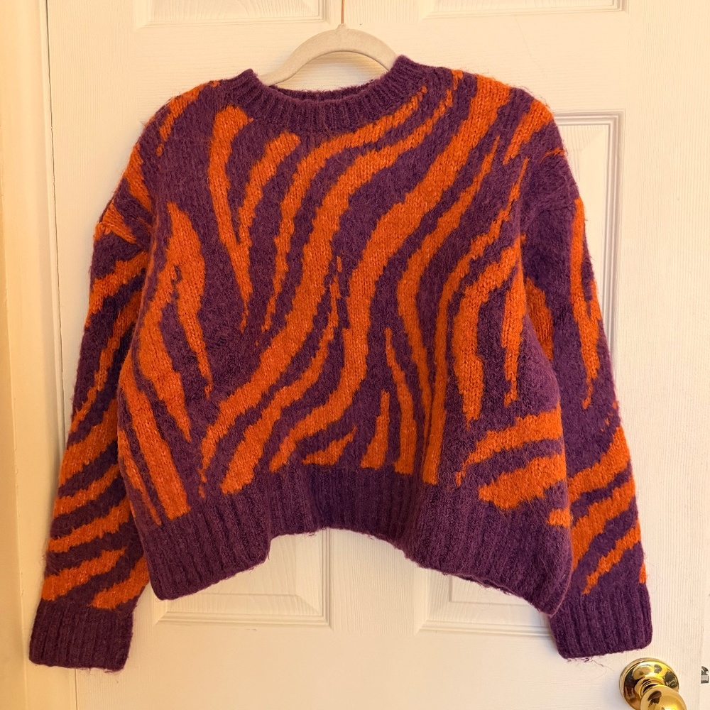 Zara purple and orange zebra print knit sweater